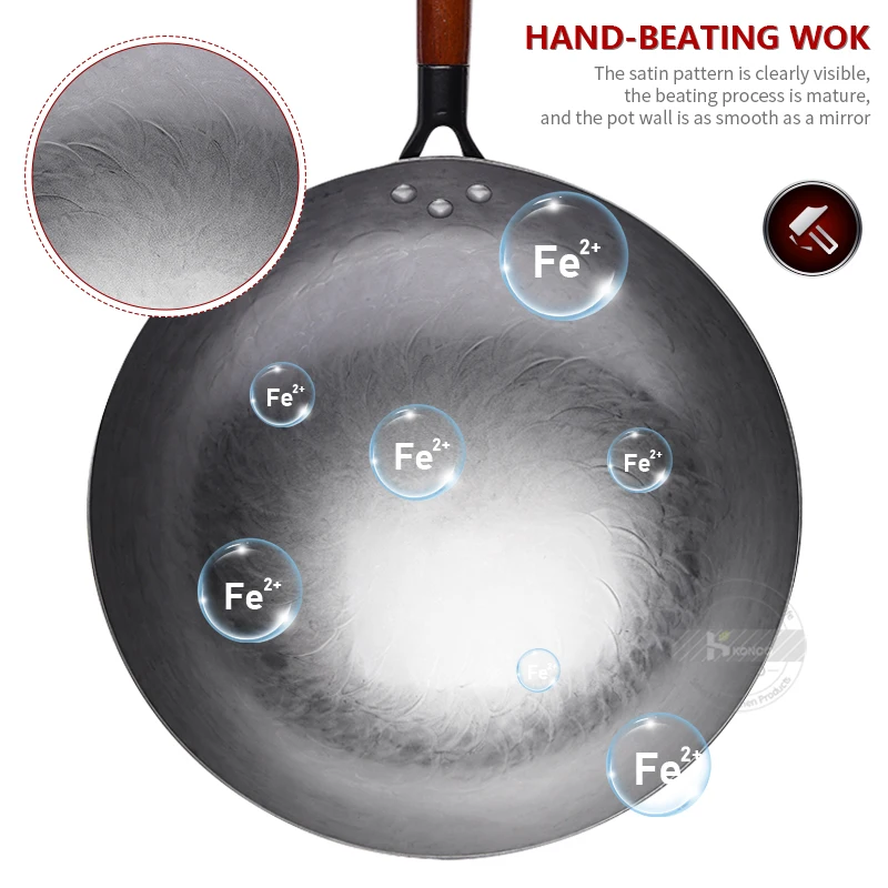 Traditional Iron Wok,Hand Hammered Iron Pans Stir Fry Pans Non-coating Woks For Kitchen Pan Wooden Handle Wok Gas Pot Cookware