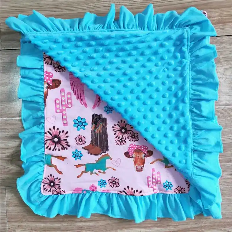 

New Boutique Baby Pink Blue Horse Bullock Cactus Lace Blanket 32*29 inchs Wholesale Children Blanket