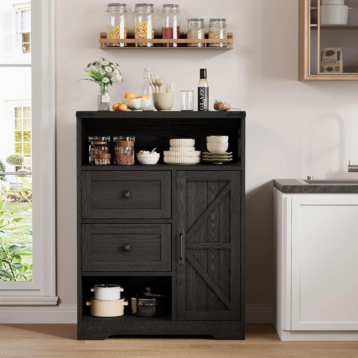 Farmhouse Buffet Sideboard Cabinet with 2 Drawers and Open Shelf