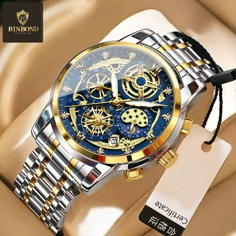 

BINBOND Fashion Casual Quartz Men Watch Stainless Steel Strap Luxury Dial Luminous 30M Waterproof Date Business Men Wristwatch