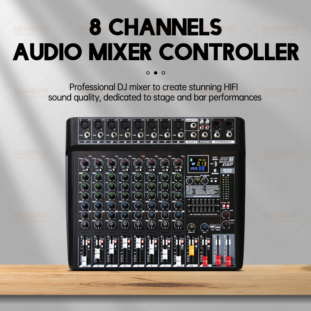 

Professional 8 Channel Audio Mixer Console 99 DSP Bluetooth USB Computer Input 48v Power Supply Number Live Stage Performance