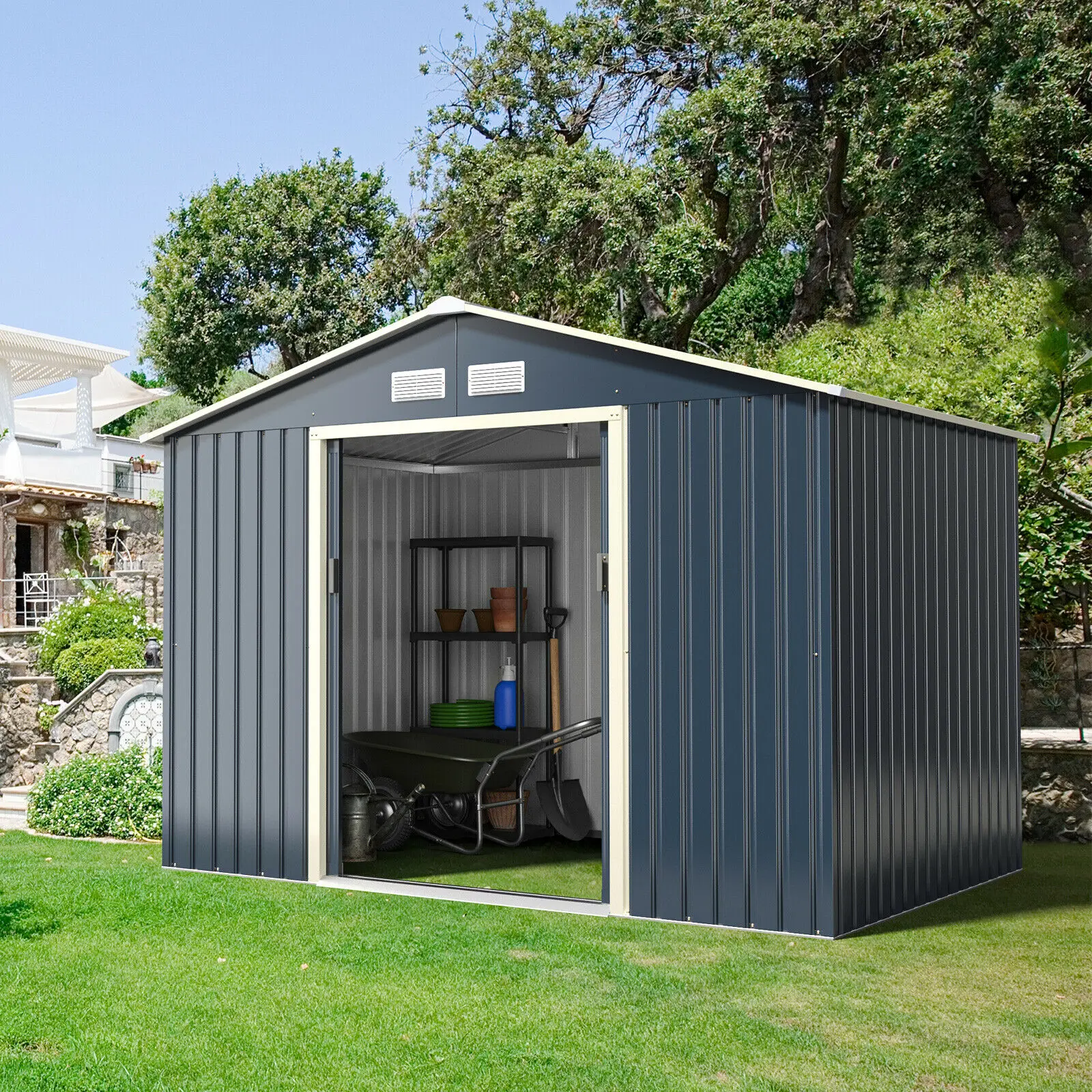 9’ X 6’ Metal Storage Shed for Garden and Tools w/Sliding Double Lockable Doors