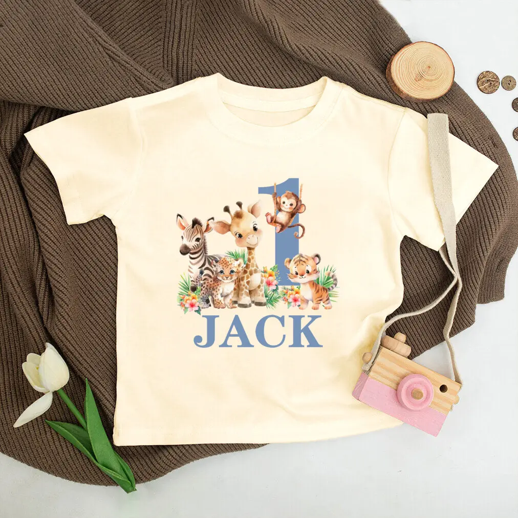 Personalized Birthday Shirt 1-5 Years Jungle Party Shirt Wild Tee Girls Boys Tshirt Animal with Name Outfit Kids Retro Clothes