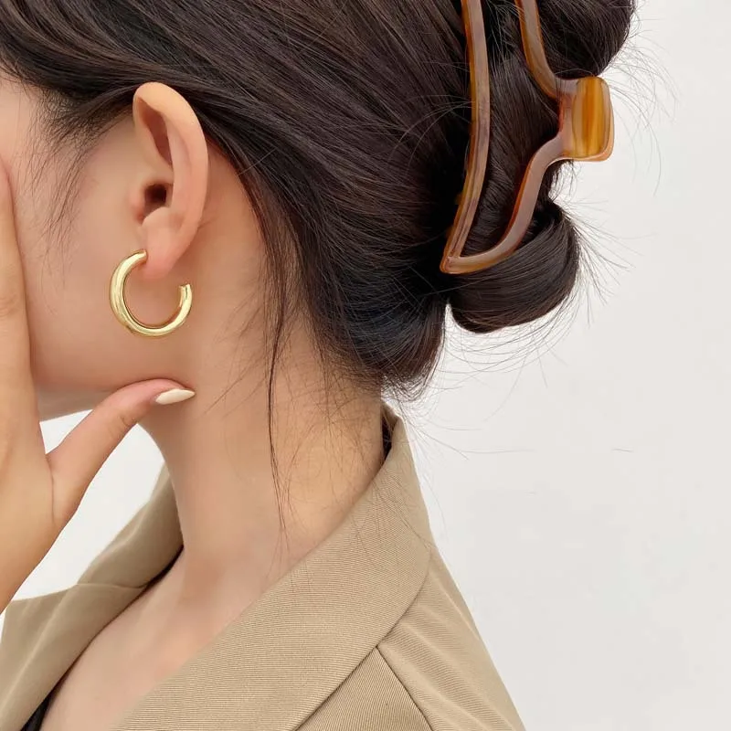 Classic Fashion Glossy Round C Shape Steel Pin Hoop Earrings For Women Gold Silver Color Stud Jewelry Daily Wear Earrings