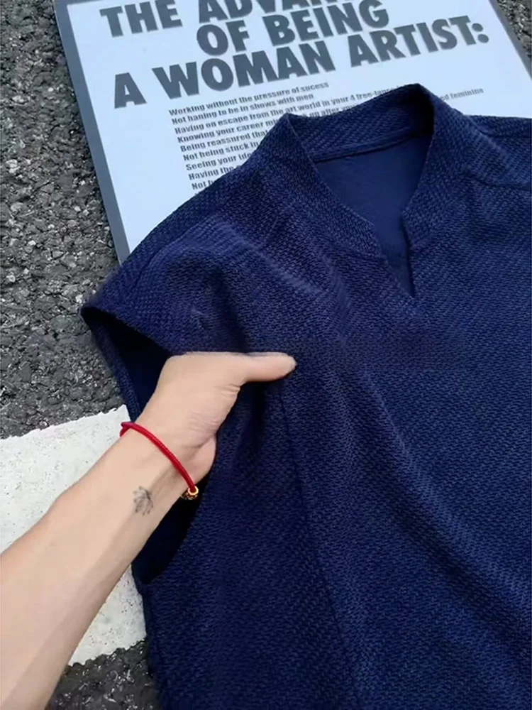 Royal Blue Texture V-Neck Men's Vest Summer Heavy Dragon Scale Cool Feeling Breathable Fitness Sport No Sleeve T-Shirt