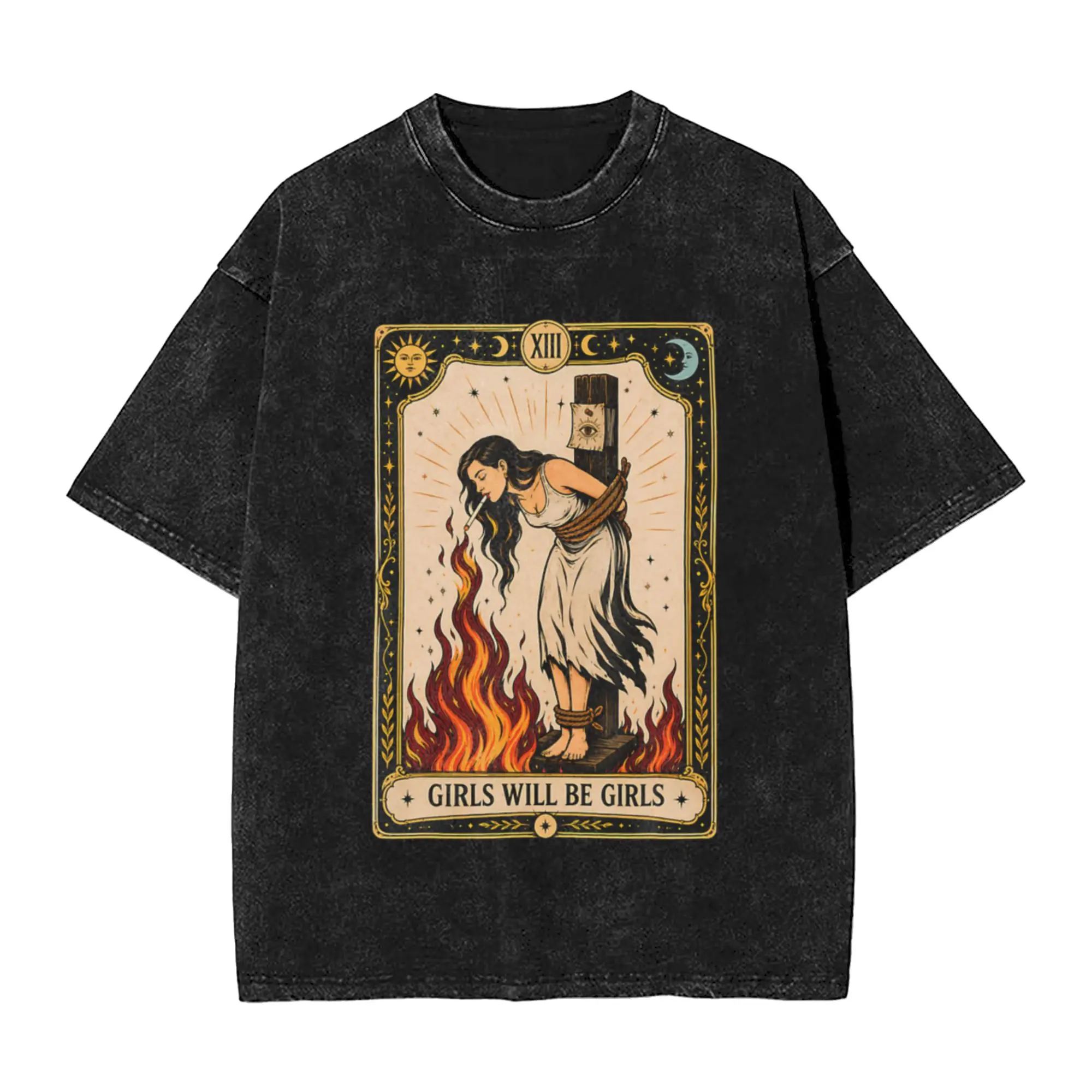 Girl Will Be Girls Burn Witches Cigarette Lover Tarot Card A T-Shirt Oversized Short Sleeve Men's Women's Cotton Tees Tops