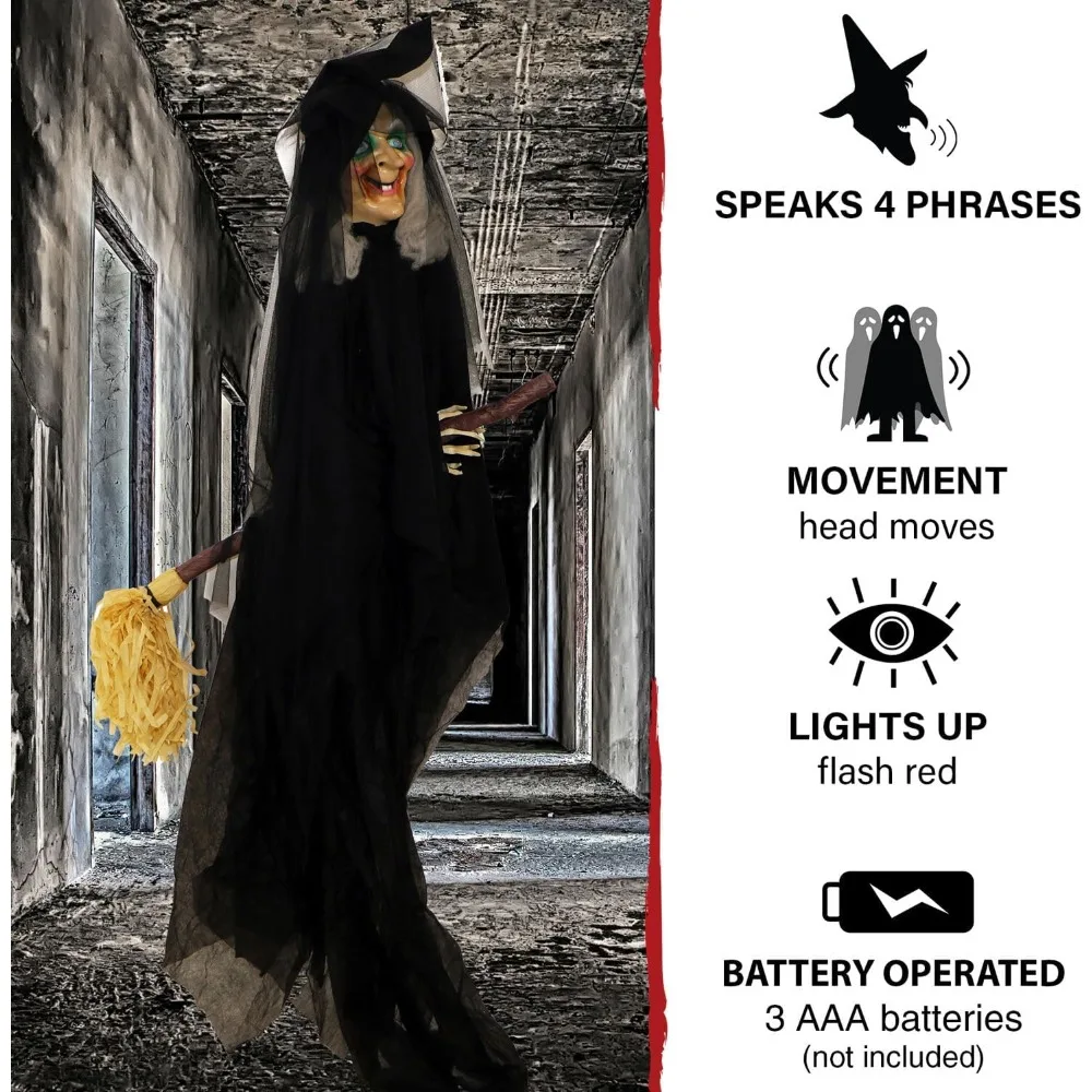 Witch on Broom Animatronic, Halloween Prop with 4 Voice Greetings, Animated Head, Flashing Red Eyes, Touch Activated
