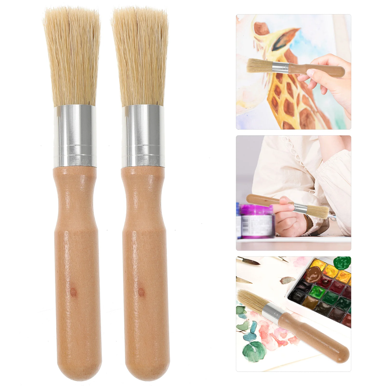 

2pcs Stencil Brush Round Head Wooden Handle Small Brush Pig Mane Painting Brush Oil Acrylic Painting Supplies (Beige)