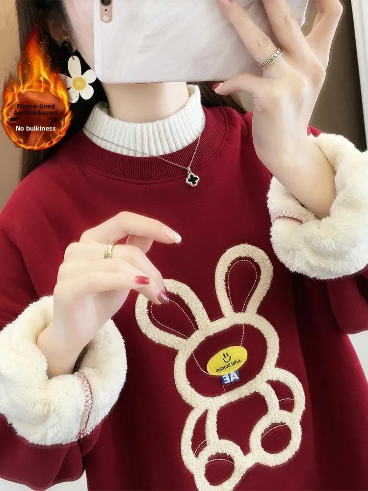 Felpa con cappuccio Thiened in pelliccia di agnello da donna di grandi dimensioni 300 Pou lavorata a maglia collo semi-alto Faionable Top di media lunghezza alla moda