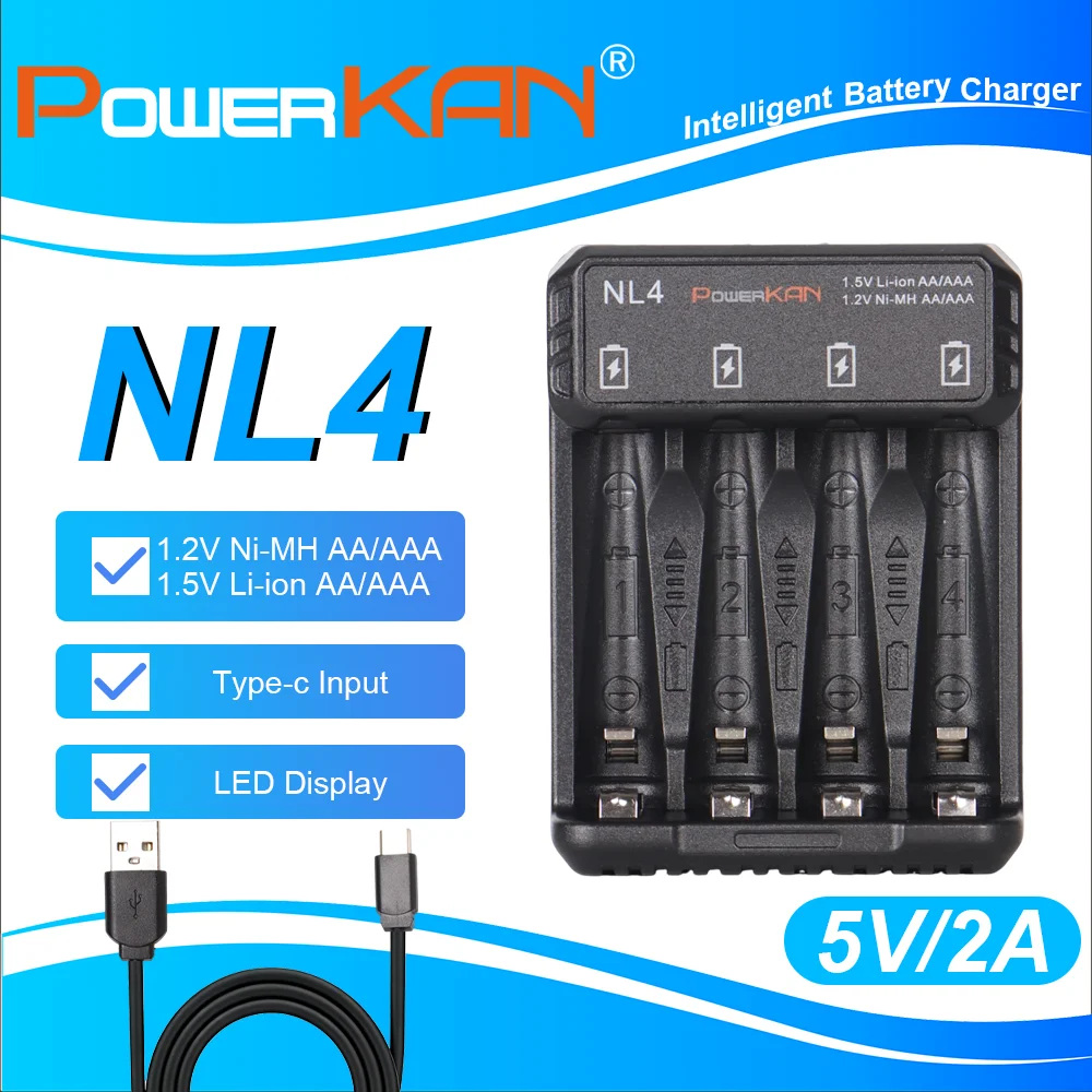 POWERKAN NL4 4-Slot Smart Battery Charger for 1.2V Ni-MH Ni-Cd AA AAA 1.5V Li-ion AA AAA Rechargeable Batteries Type-C