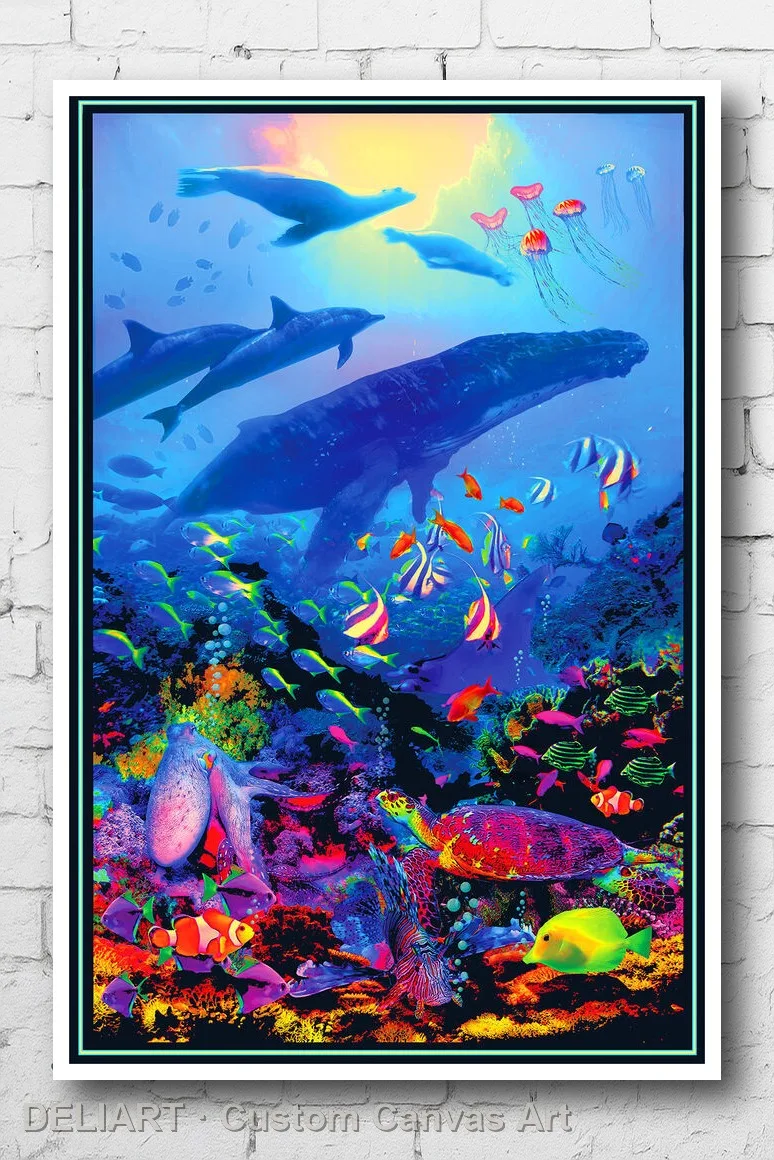 OCEAN LIFE - TROPICAL REEF BLACKLIGHT Canvas Poster Custom Size Available Room Decoration Home Decor Wall Art