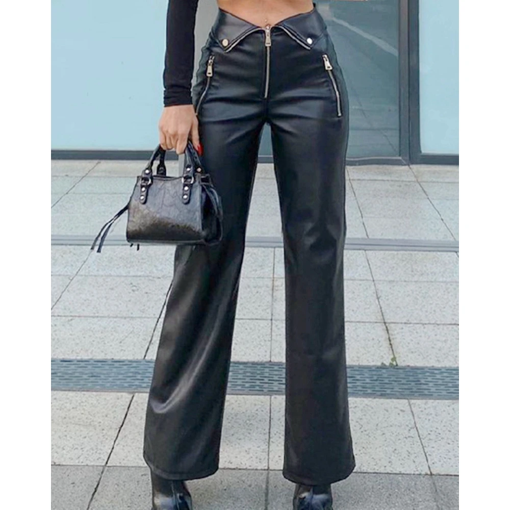 

Women Pu Leather Pants High Street Zipper Fly Design High Waist Wide Leg Pants Casual y2k Outfits Moto & Biker Chic traf Clothes