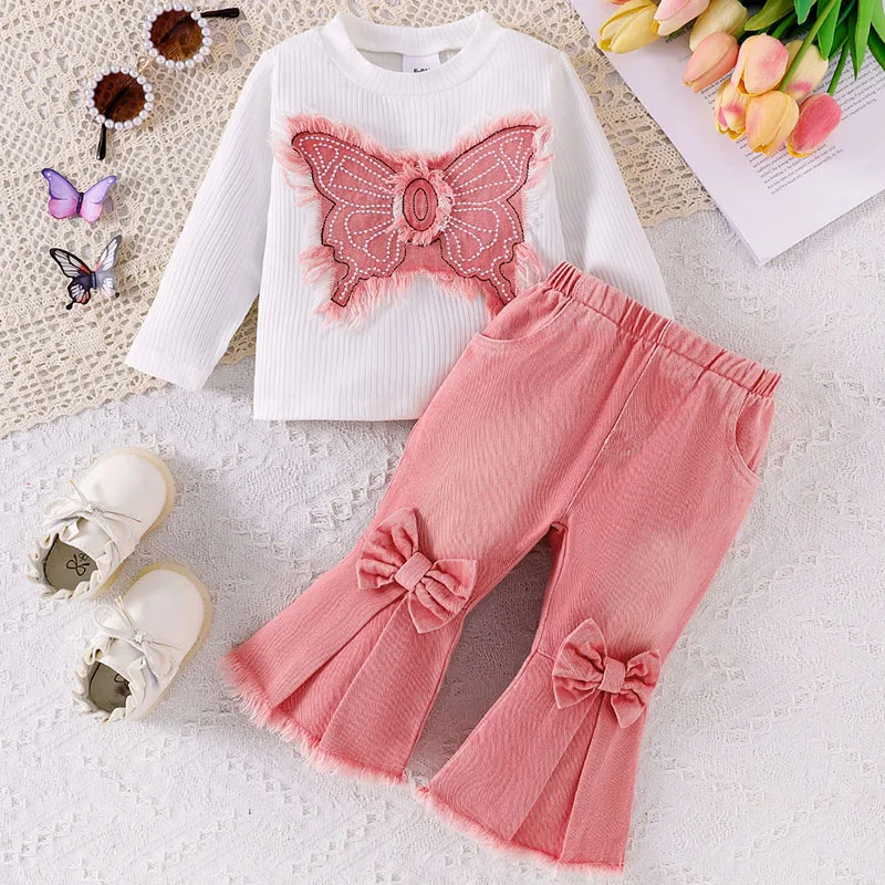 Spring Autumn Toddler Girl Clothes Korean Fashion Butterfly White Baby Tops+Bow Denim Flare Pants Kids Boutique Clothing B054