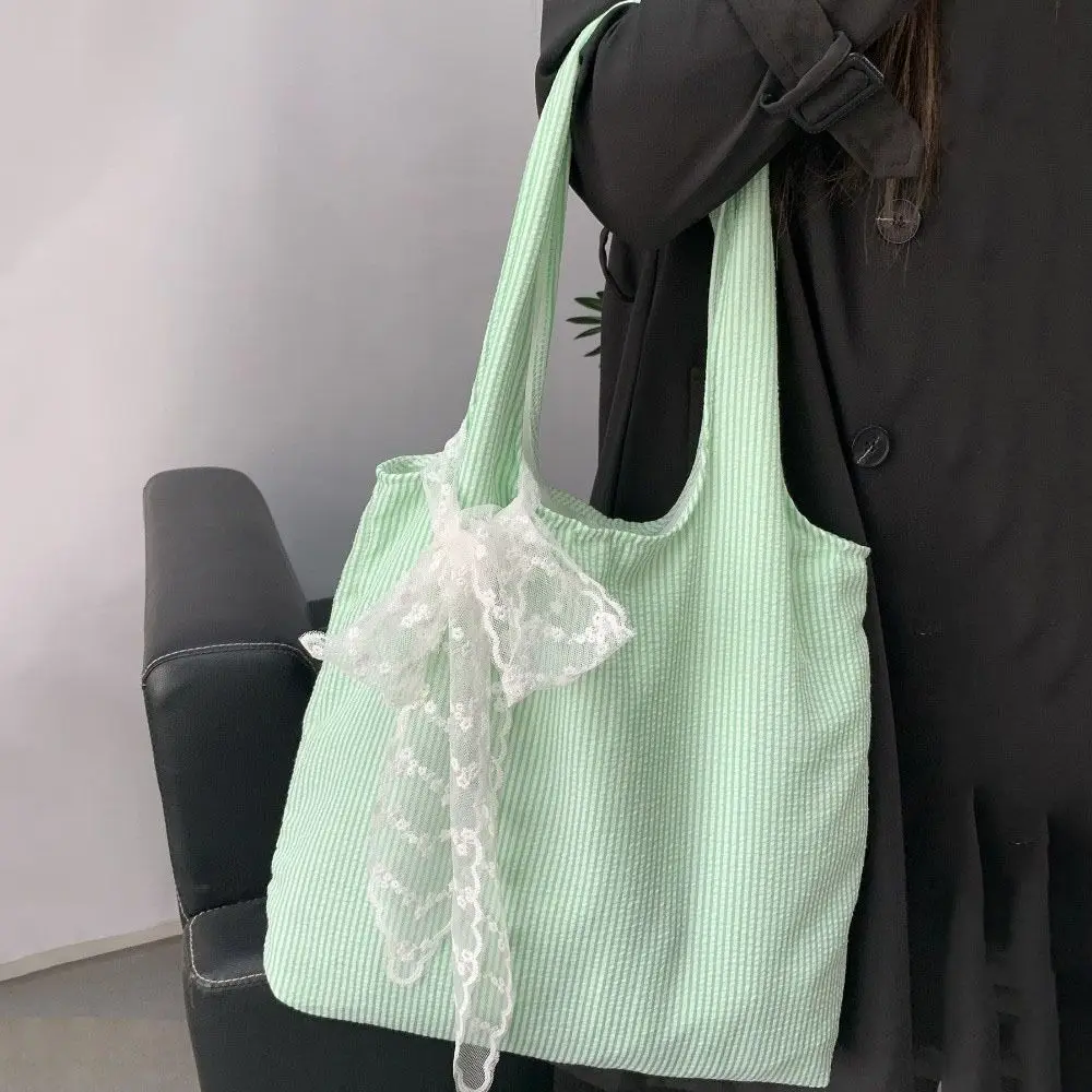 

Canvas Striped Shoulder Bag With Lace Ribbon Korean Style Canvas Hobo Bag Fresh Color Tote Bag Large Capacity Underarm Bag