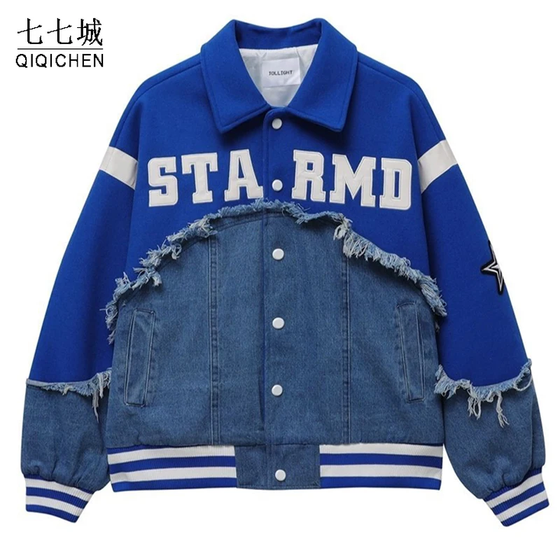 

Baseball Varsity Jacket Men Irregular Denim Patchwork Letter Embroidery Bomber Jackets Street Spring Autumn Coats Unisex 2022