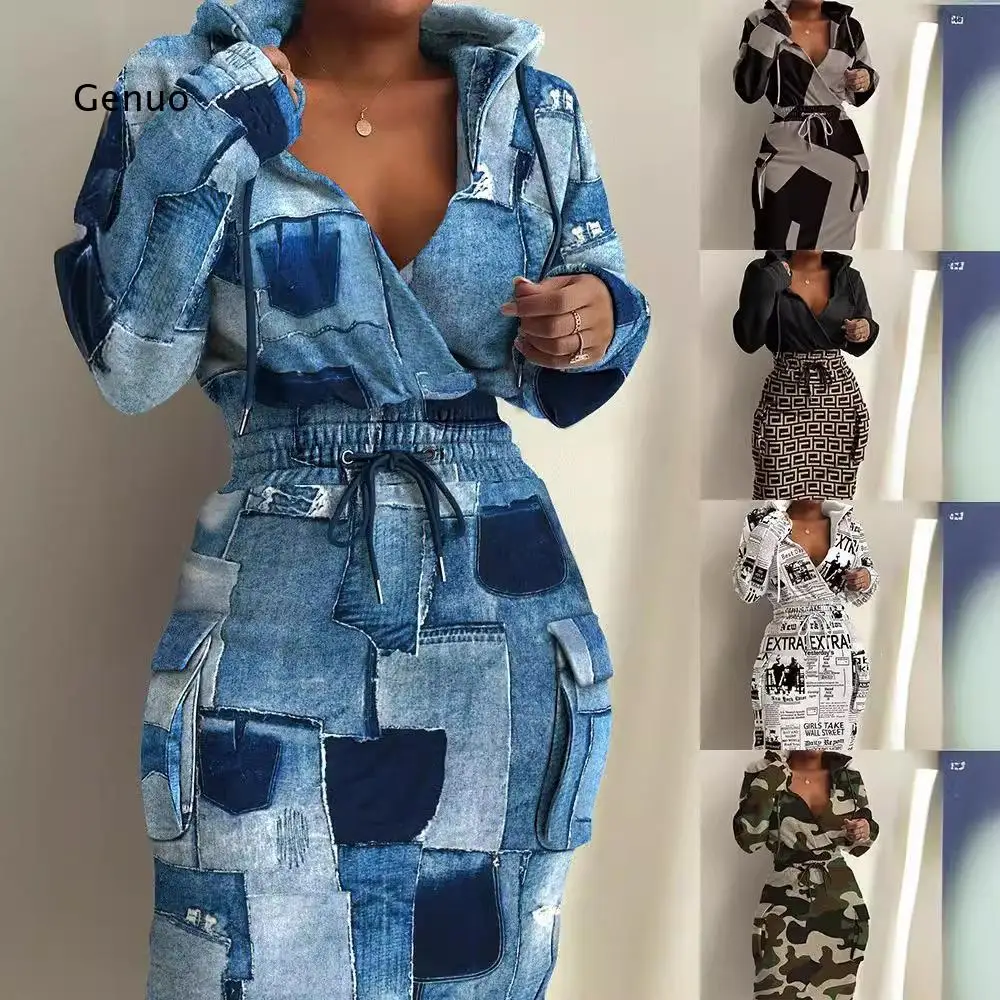 2026 Patchwork Print Hooded Denim Dress Drawstring Waist Pocket Bodycon for Club Daily Street