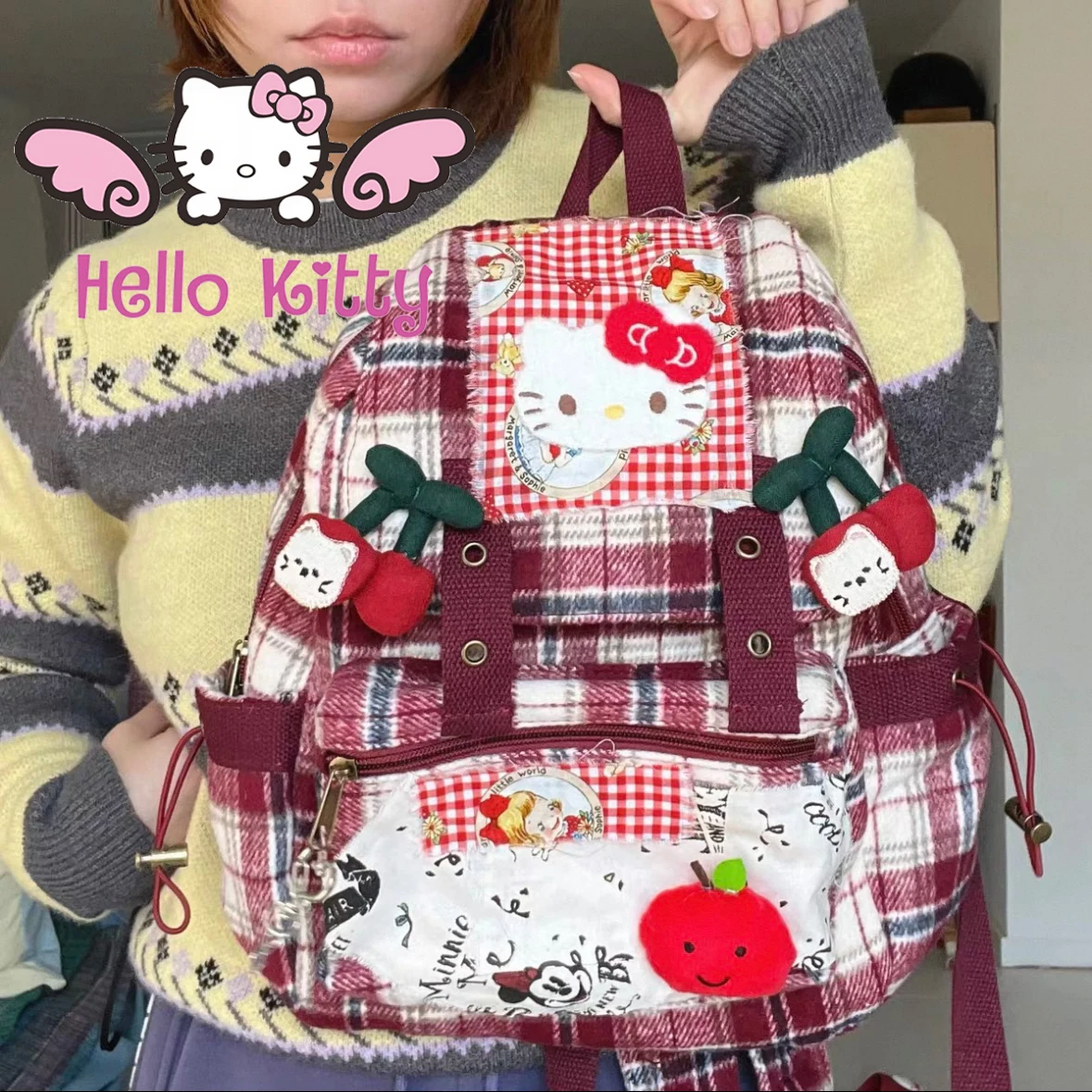 

НОВАЯ ретро-сумка Hello Kitty MINISO Sanrio, милый рюкзак с японским сетчатым узором y2k, повседневная модная сумка высокого качества для девочек, подарок