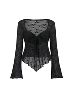 2025 Spring and Summer New Women's Solid Color Long Sleeve Square Neck Rope Knot Top Lace Transparent Long Sleeve Sexy