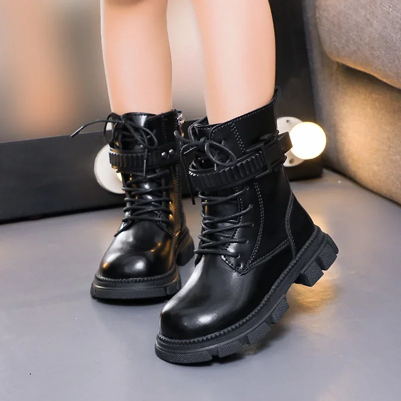 

2024 New Black Girls Boots Glossy Fashion Versatile Soft Children Casual Boots Non-slip Kids Shoes PU Size 27-36 Side Zipper PU