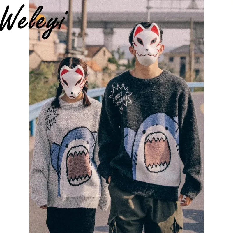 

Men's and Women's Shark Printed Thickened Sweater 2024 Autumn and Winter Crew Neck Knit Top Couple Knitted Jumper for Women