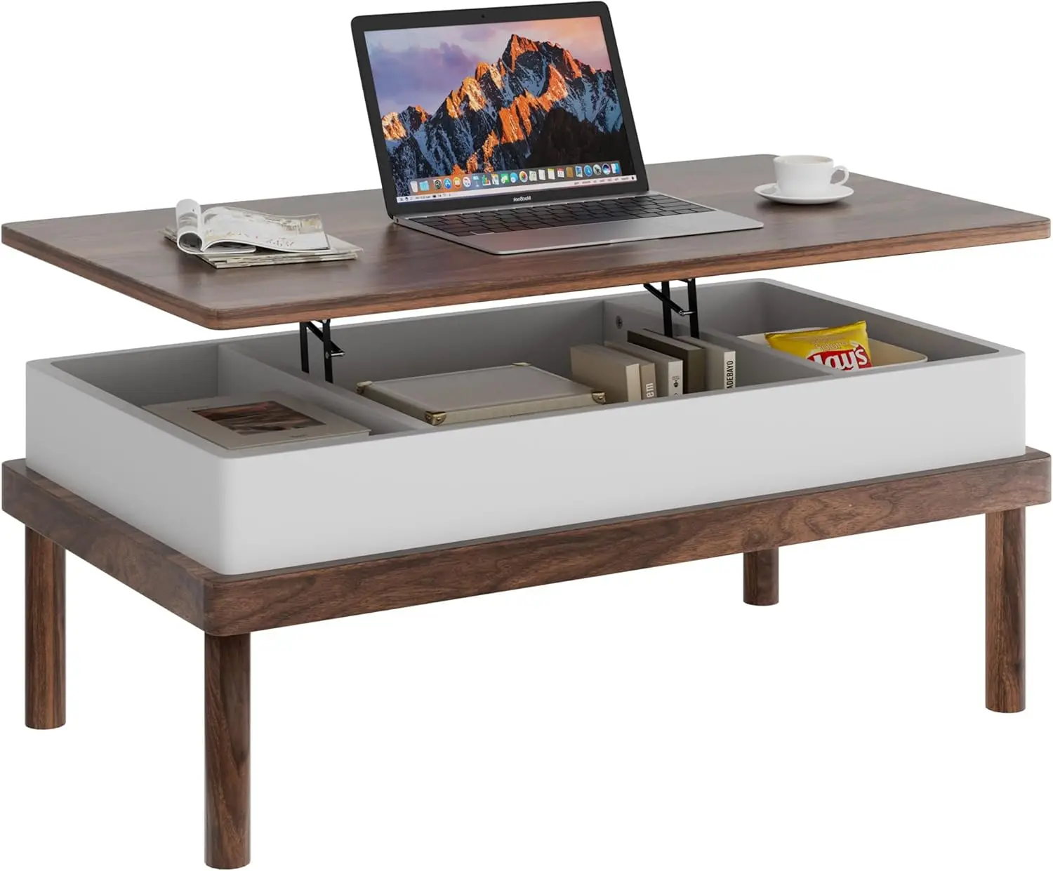

Lift Top Coffee Table with Hidden Compartment, Rising Dining Table for Living Room, Office in Walnut