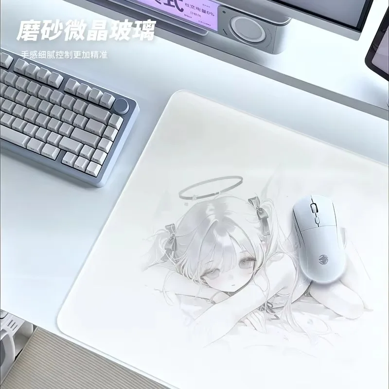 Soft‑Tone Anime Angel Girl Y2K Glass Mouse Pad Large Custom Frosted Surface Desk Mat Tempered FPS Office Pad Gaming Accessories