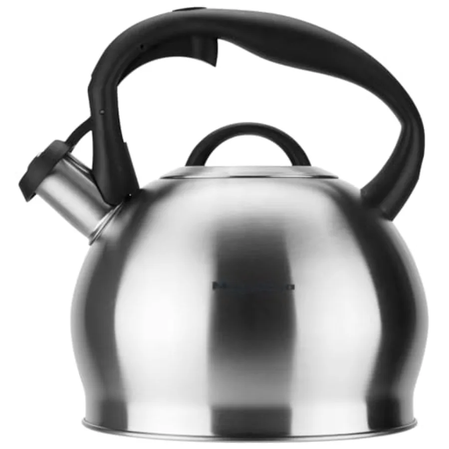 

Silver 3.1Quart Stainless Steel Whistling Tea Kettle with SatinPolished Exterior DripFree Pouring System Compatible with All St