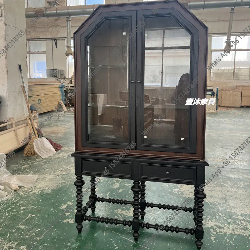 

Французский винный шкаф из массива дерева с двойными дверцами, двухцветными стеклянными дверцами, витрина из ясеня, винтажный буфет для гостиной