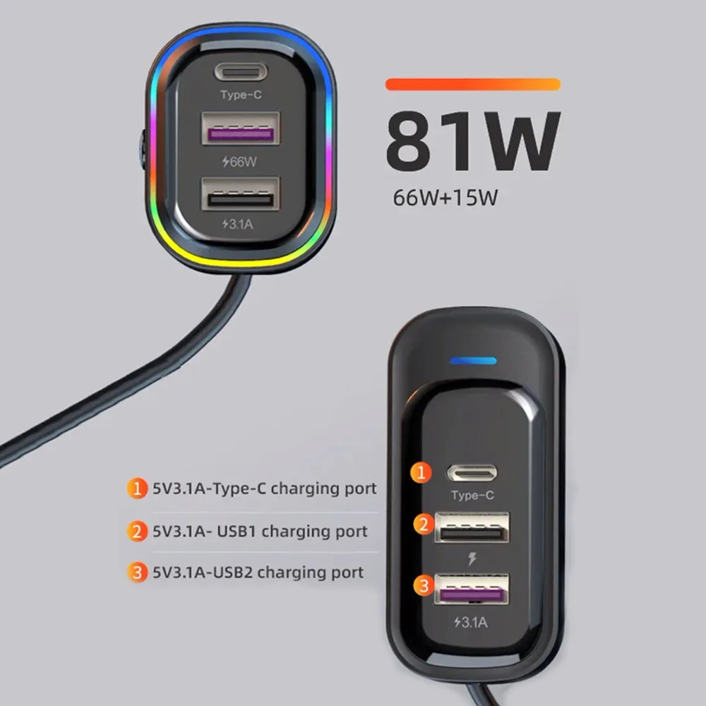 Super Fast Charging USB Interface 66W Multifunctional Type-C PD QC3.0 Mobile Phone Charging Extension Car Charger Rear