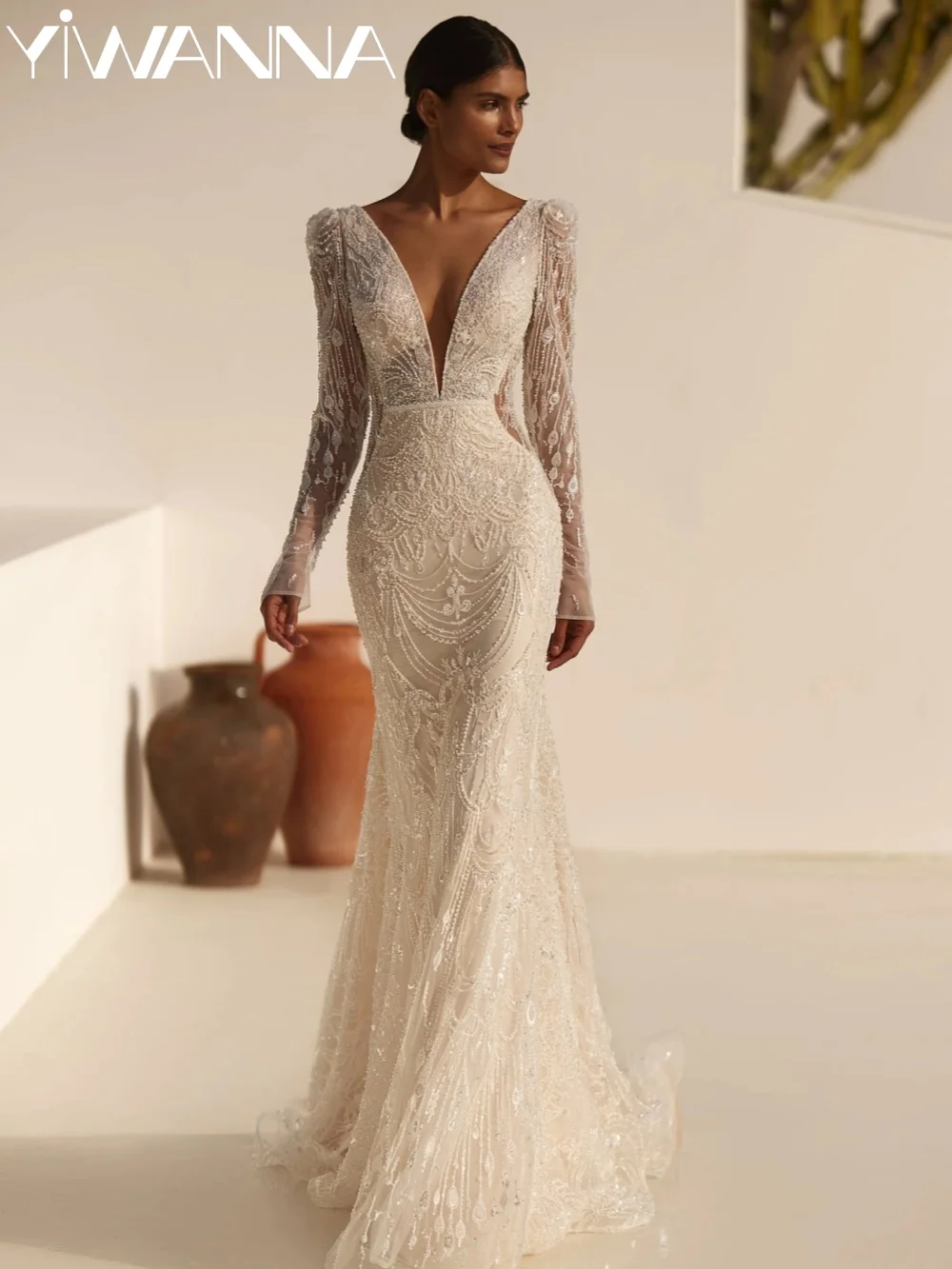 

Embroidery Beaded Lace Wedding Dress Illusion Deep Vneck Backless Bridal Gown Customized Elegant Mermaid Long Dresses For Bride