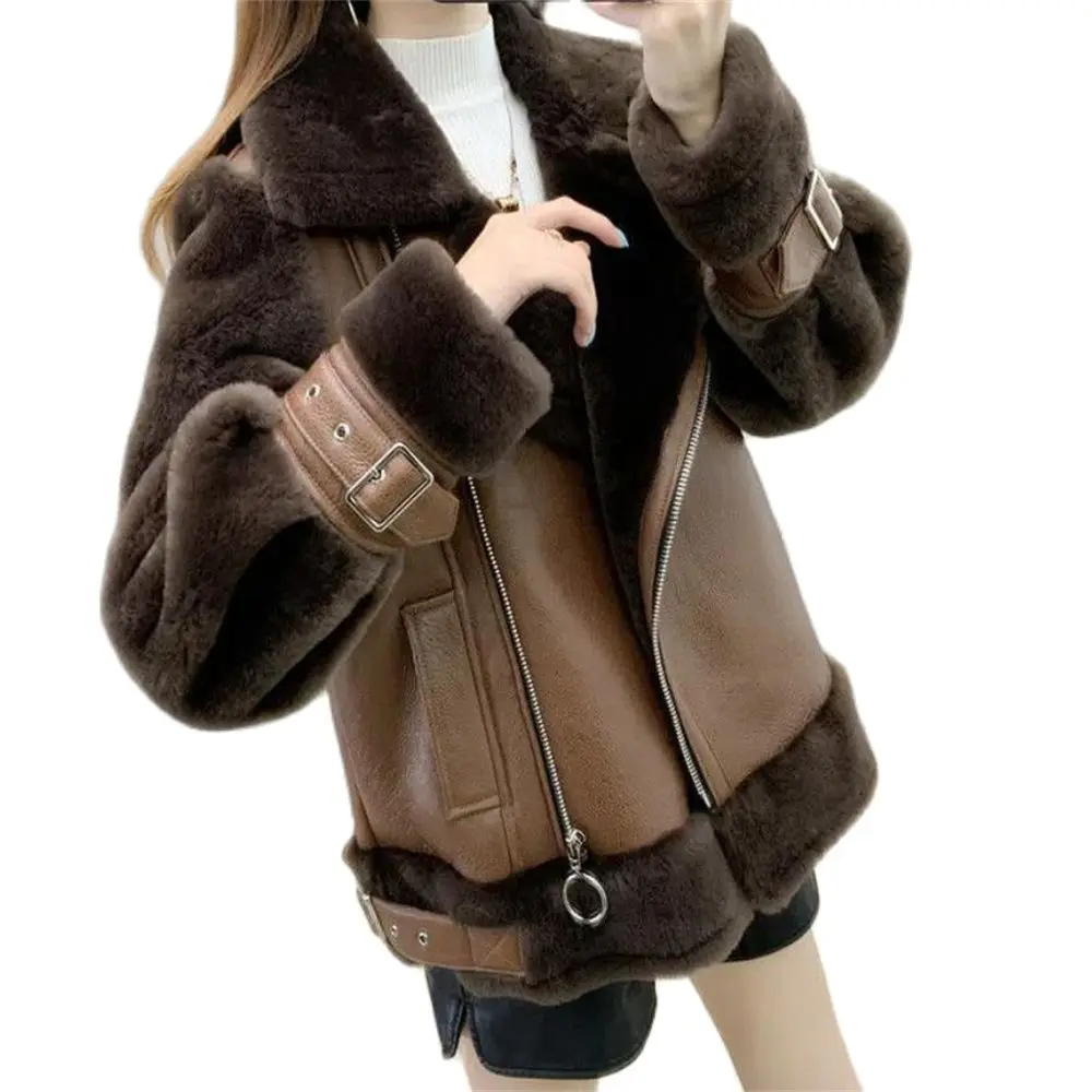 Top Autumn Wool Jacket Women Pu Leather Warm Jacket Black Faux Fur Coats Over Lady Street Outwear Korean Fashion New 2024