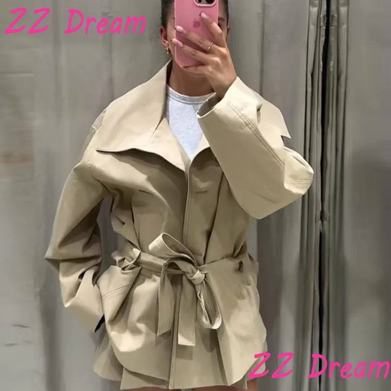

Street Women's Belt Cropped Trench Coat Elegant Stand Collar Single Breasted Long Sleeve Jacket 2025 Autumn Lady Commute Outwear