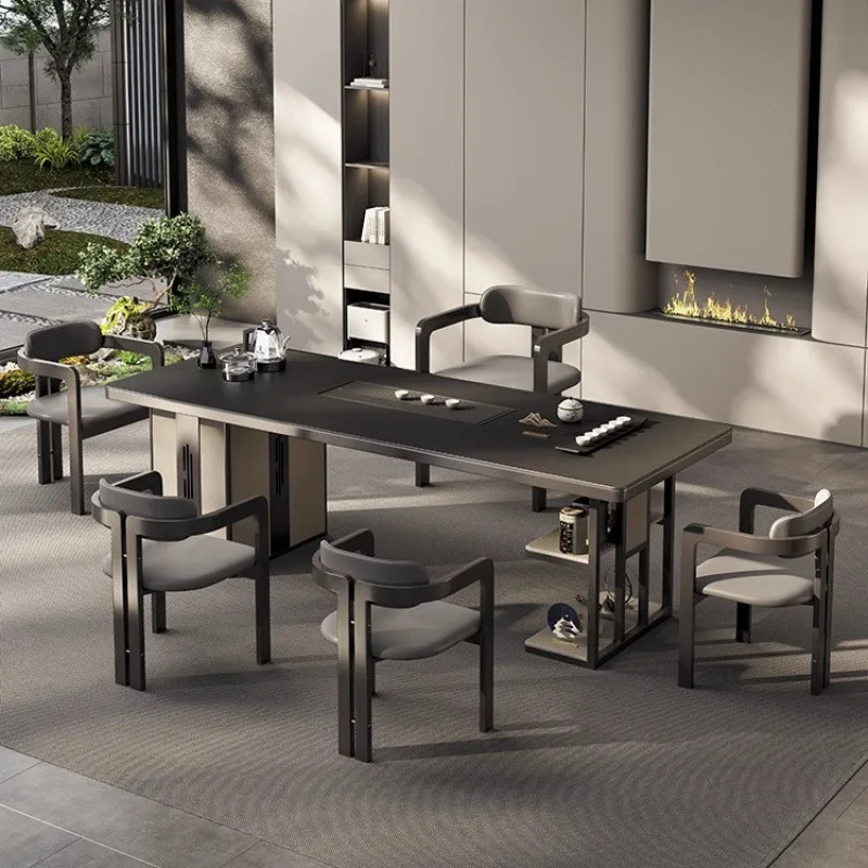 New Chinese-style black high-end light luxury rock slab tea table tea table chair office meeting guests