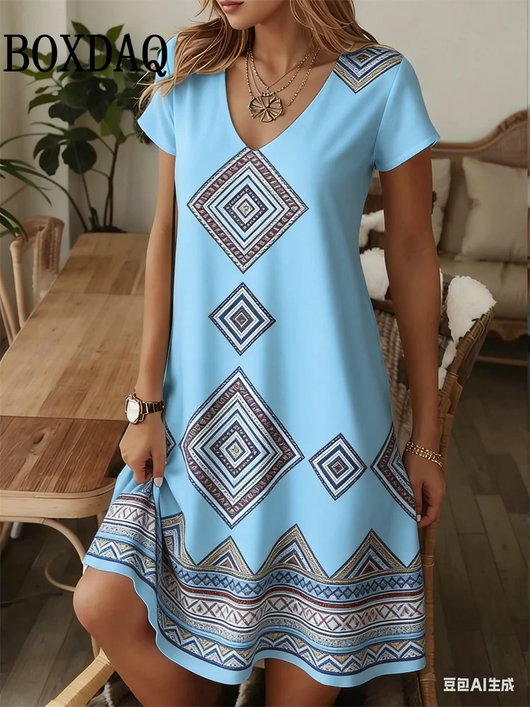 Fashion Plus Size Print Pullover Dress For Women 2026 Summer New Striped V-Neck Short Sleeve Casual Loose Dress Ladies Vestidos