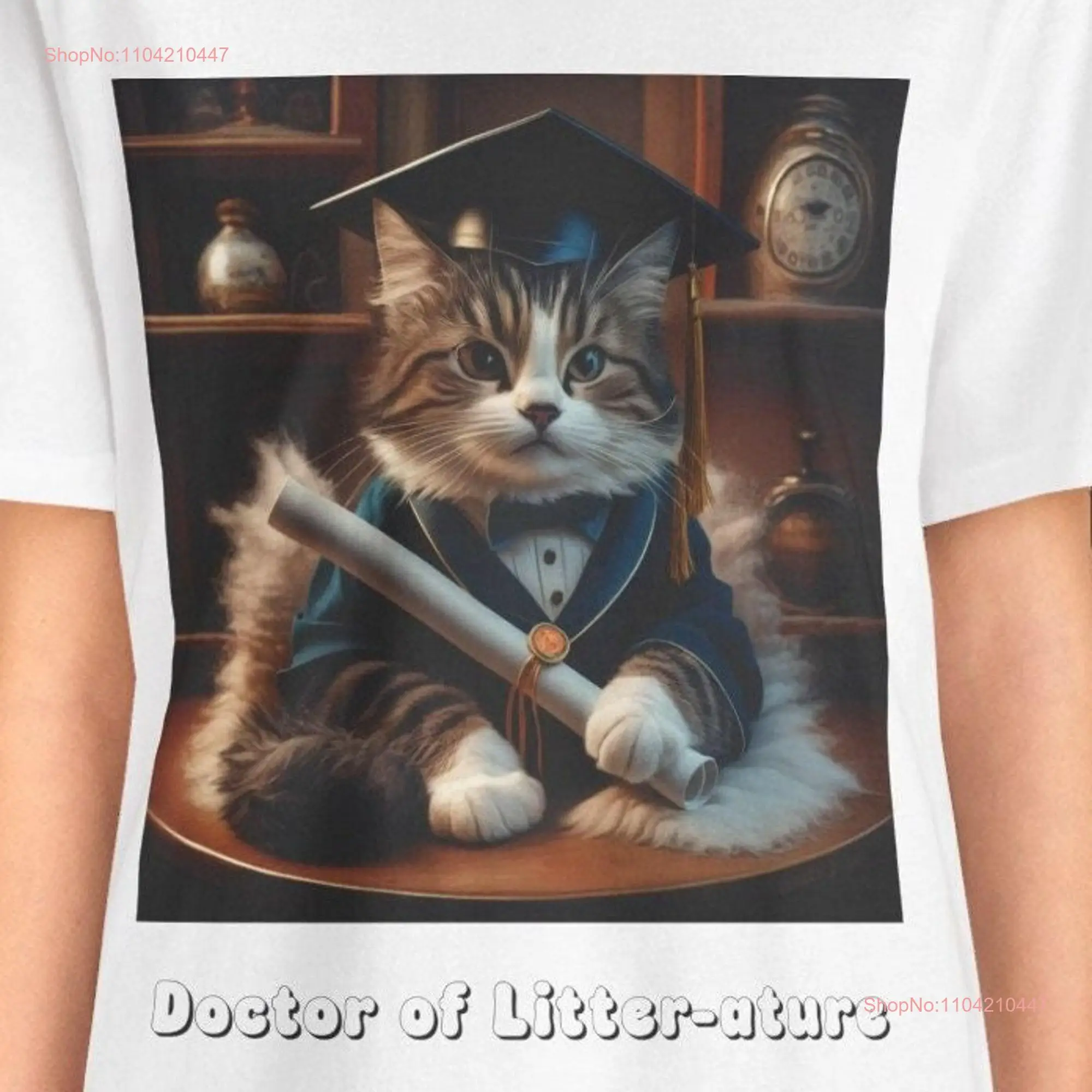 Cute Cat Wearing Graduation Cap Doctor of Litter ature Pun T Shirt Funny Unique Lover Pet Humor long or short sleeves