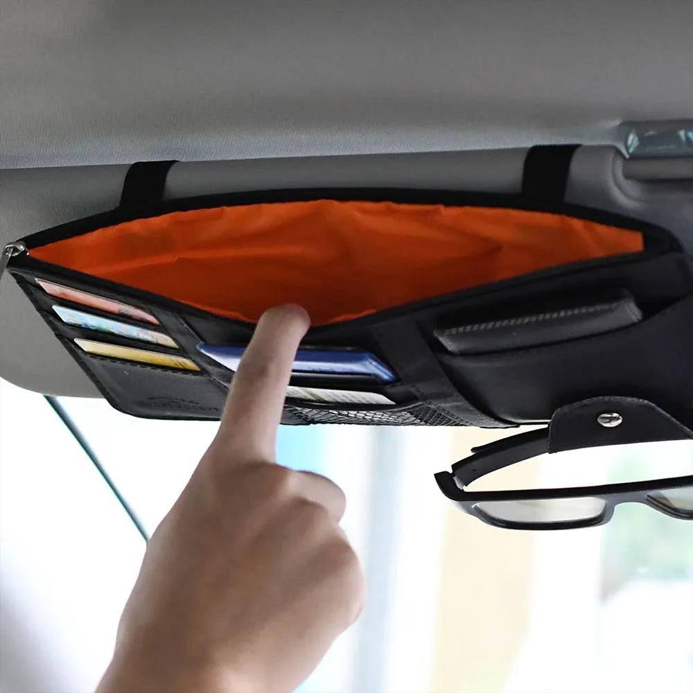 Leather Car Sun Visor Organizer Multi-Pocket Business Card Storage Management Sunglasses Holder Visor Accessories Auto Interior