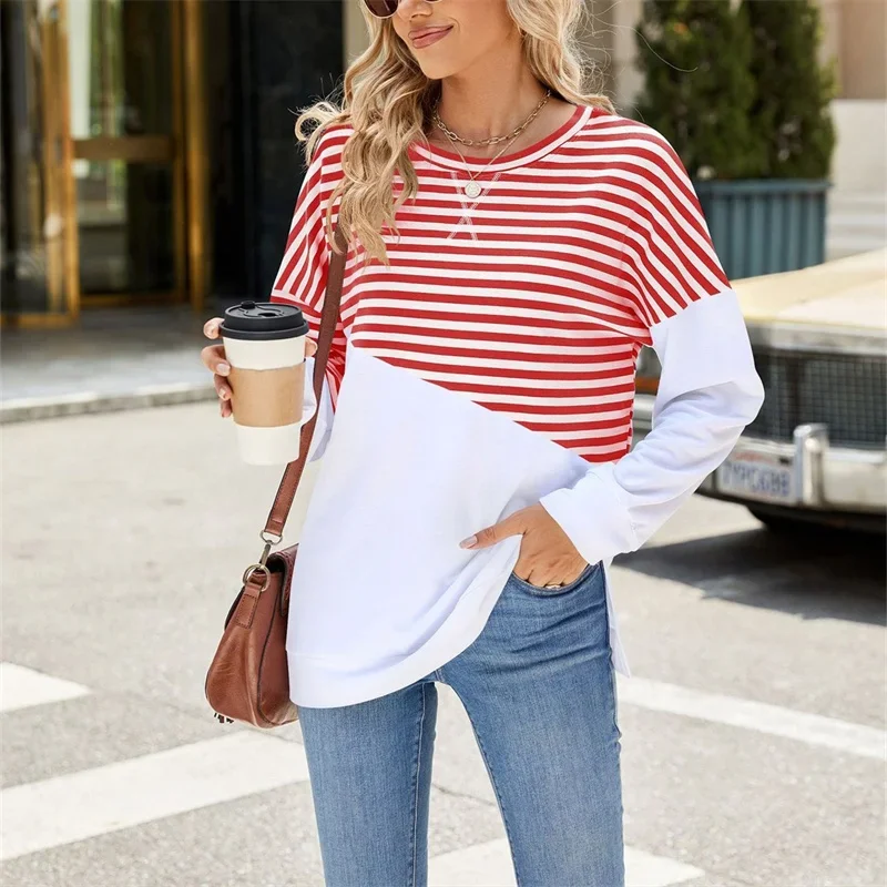 Women Stripes Color Blocking Split Hem Sweatshirt Spring Autumn Comfortable Casual Commuter Hoodie Female O Neck Pullover Tops 4