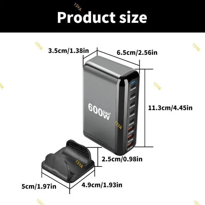 

15YA 600W GaNs 5 USB C 3 USB A Port Fast Charging for Tablets Adapter