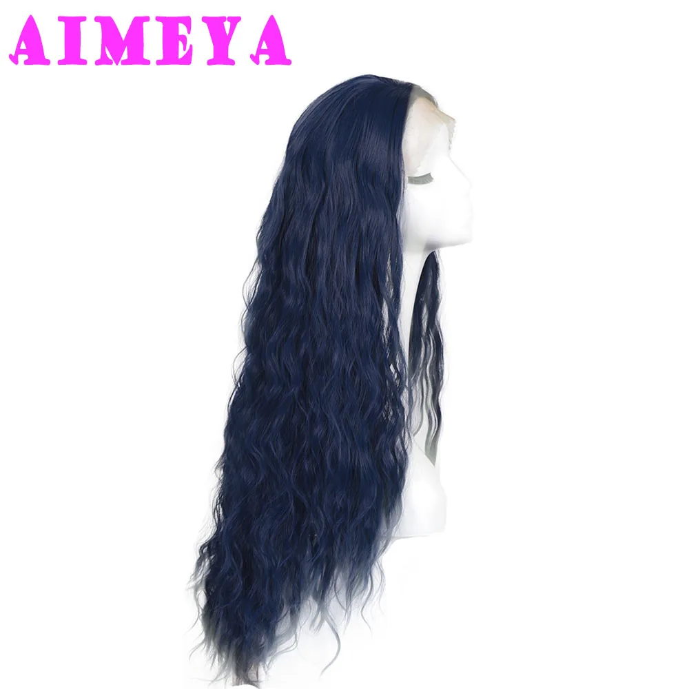 Aimeya วิกผมลอนแบบหลวมสีฟ้าเข้มวิกผมสังเคราะห์ยาวลูกไม้ด้านหน้าผมลอนธรรมชาติใช้ในชีวิตประจำวันทนความร้อน