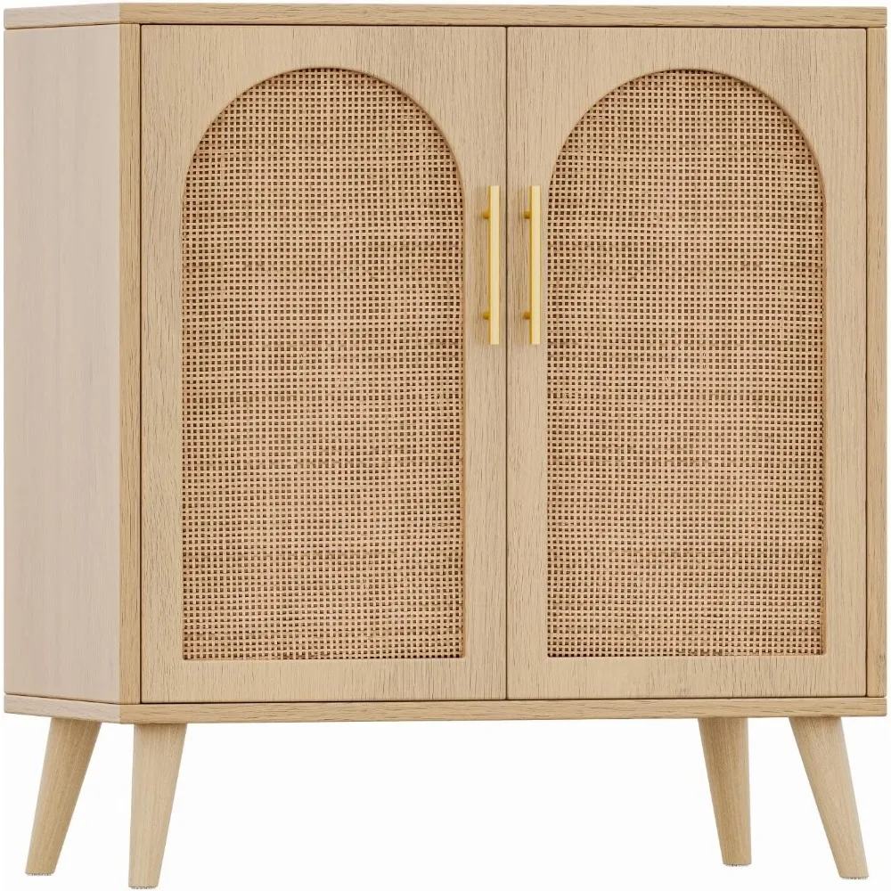 

Rattan Storage Cabinet with Doors, Accent Bathroom Floor Cabinet, Modern Sideboard Buffet Cabinet for Living Room, Entryway