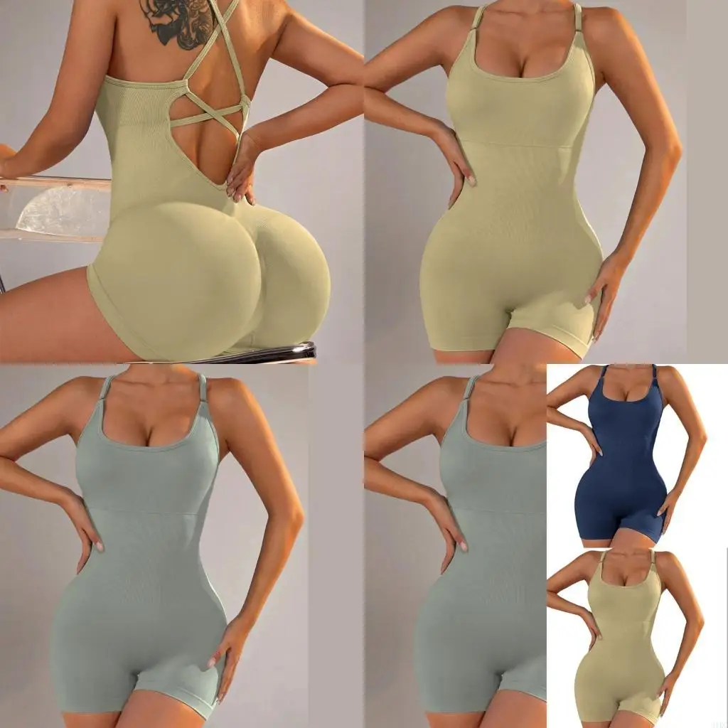  Women Sports Romper Built In Shorts Stretchy Yoga Jumpsuit Workout Bodysuit