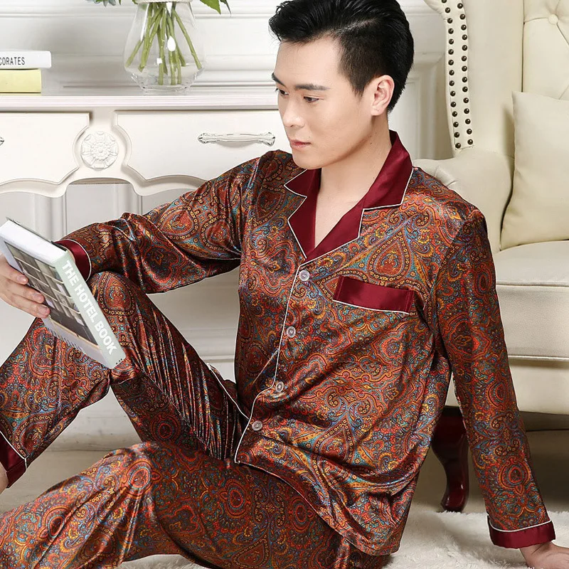 3XL Fits 99KG Stain Silk short sleeve pajamas Sets Men & Ice Silk Long-sleeved Sleepwear Printed Men Pyjamas Sets Home Clothes