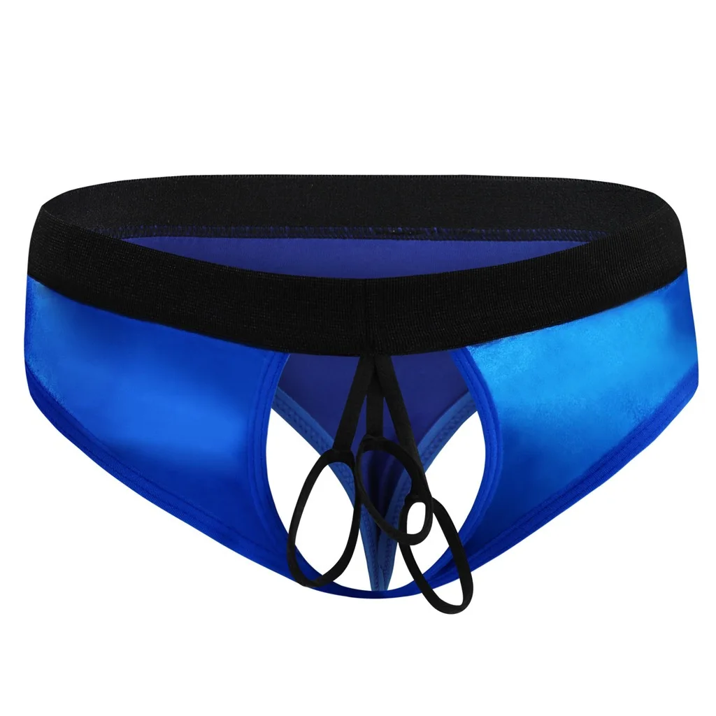 

Экзотическое мужское нижнее белье, блестящие стринги из искусственной кожи, сексуальные стринги для геев, три кольца, стринги с открытой спиной, трусы с Т-образной спинкой, танга