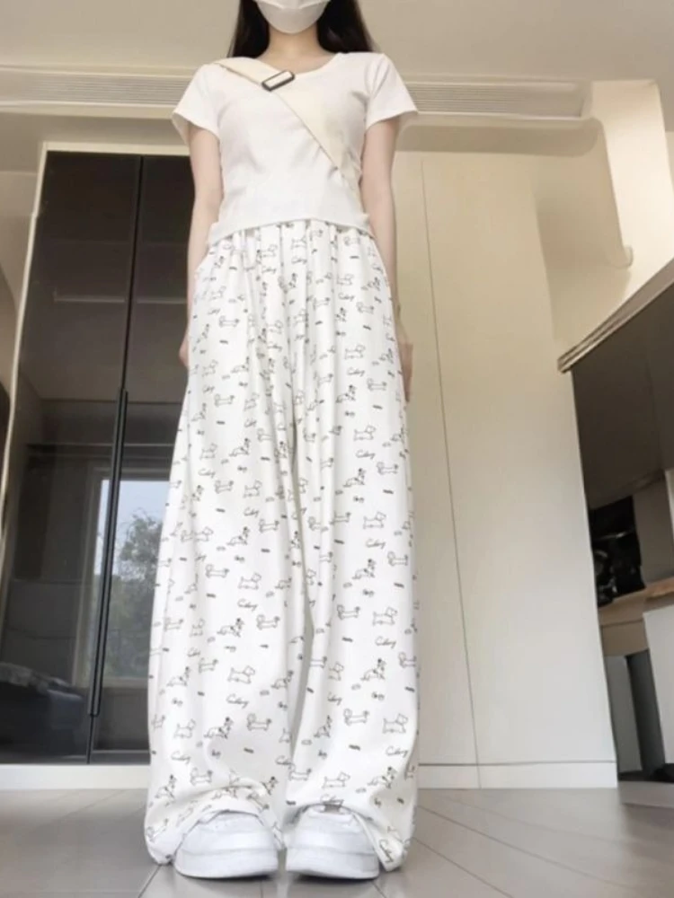 Pantaloni casual a gamba dritta con stampa carina Donna Estate 2025 Nuovi pantaloni coreani a gamba larga allentati dolci Pantaloni a vita alta lunghi fino al pavimento