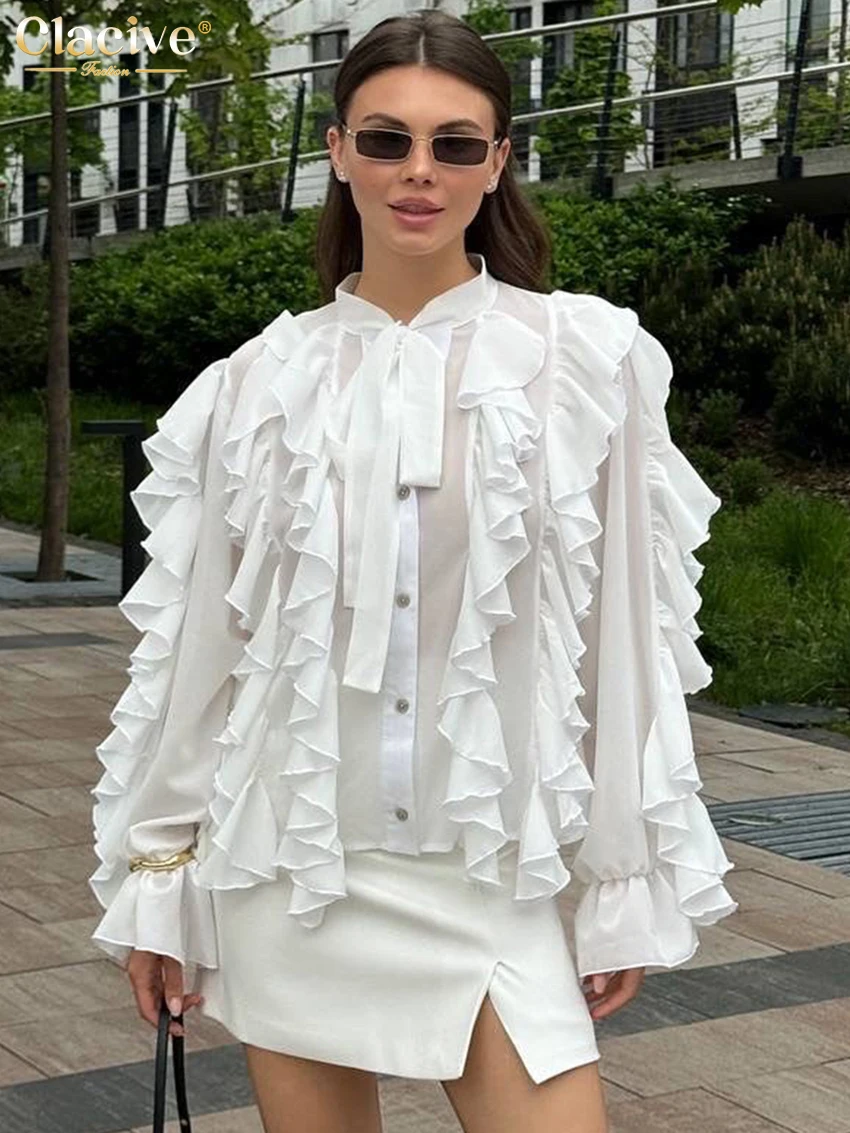 

Clacive Fashion Loose White Women Shirt 2025 Casual Stand Collar Long Sleeve Shirts Elegant Classic Ruffle Tops Female Clothing