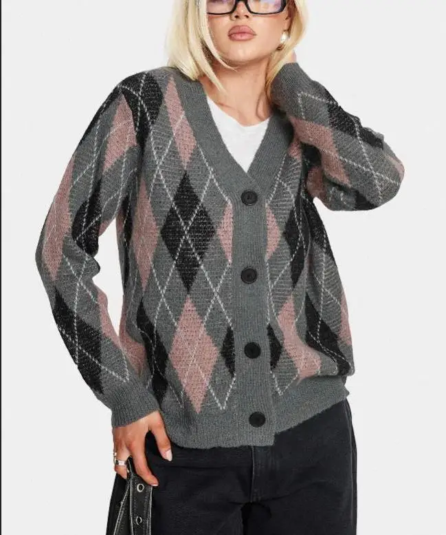 

Women's Autumn Plaid Sweater Cardigan Long Sleeve V Neck Loose Button Up Knitwear