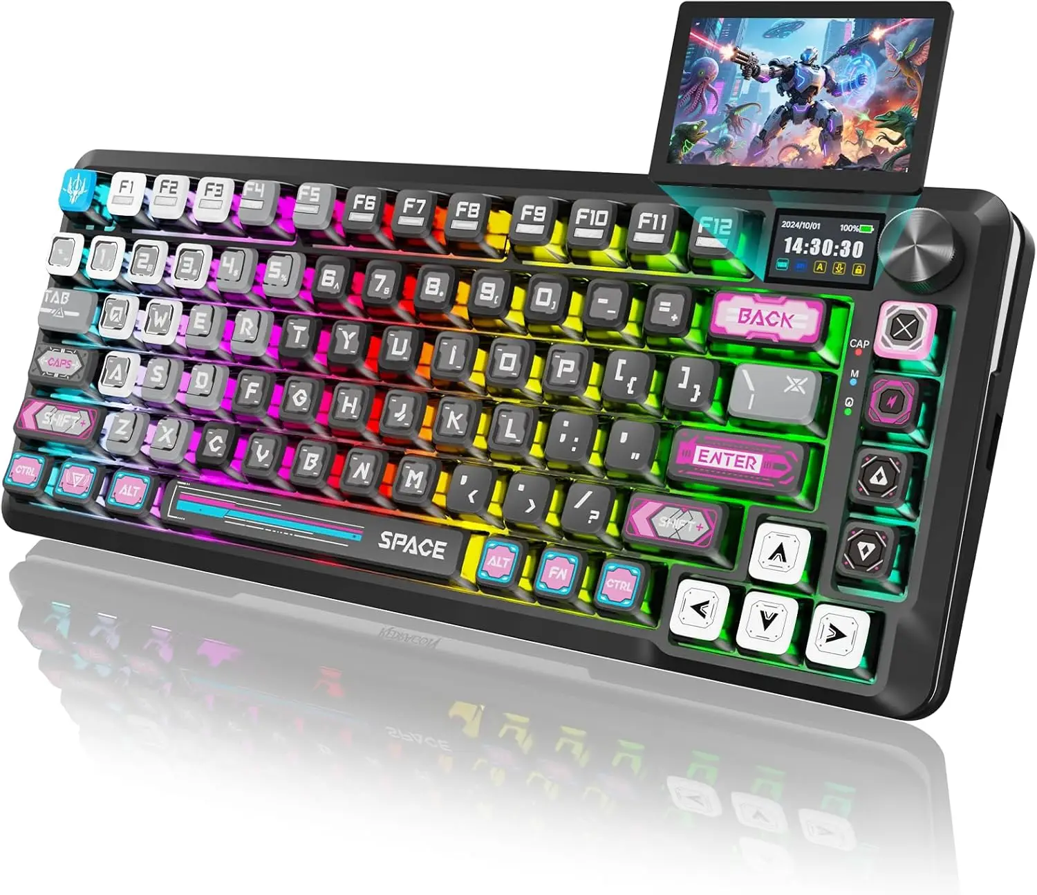 Wireless Mechanical Gaming Keyboard with RGB Backlit, Hot-Swap Switches, Screen & Knob - Cyber Mecha Style