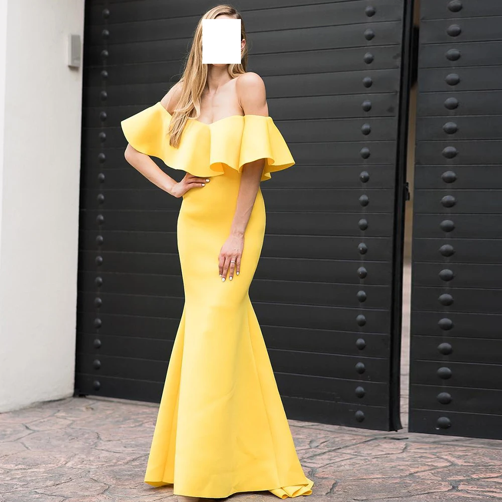 

Mermaid Classic Yellow Satin V-Ncek Evening Dress Floor Length Off the Shoulder Sweep Train Pleats Sleeveless Girls Prom Gowns