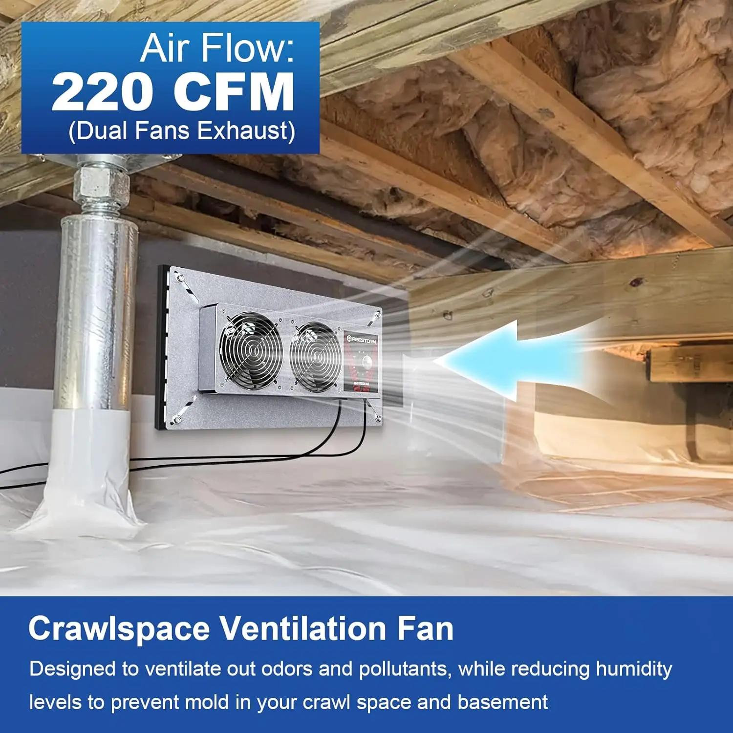 Crawlspace Ventilation Fan with Humidistat, Basement Crawlspace Vent Fans with Dehumidistat & Freeze Protection Thermos