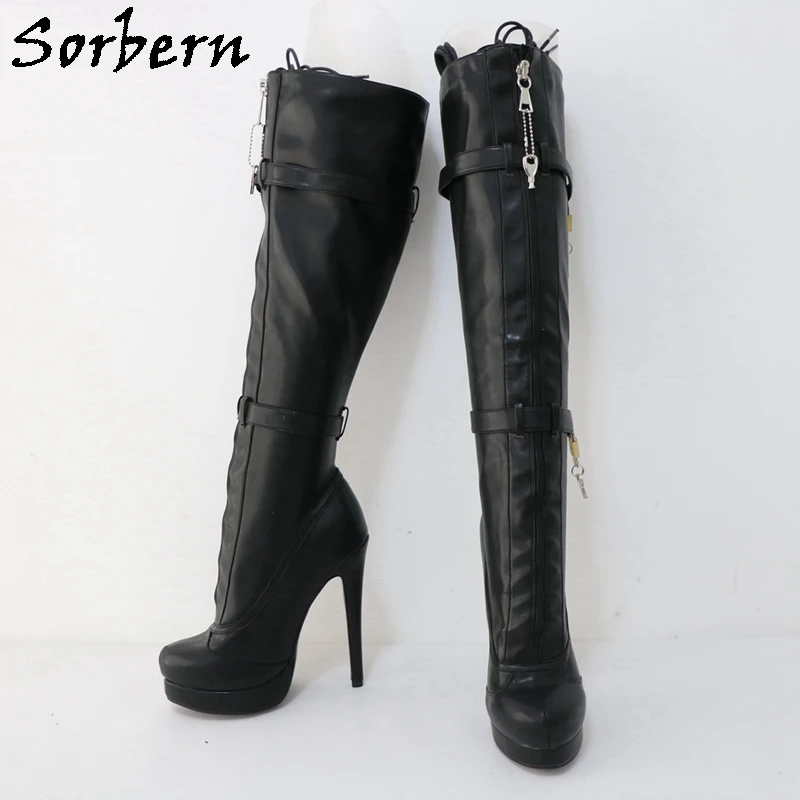 Sorbern Black Fetish Lockable Zipper Boots Women Knee High Double Straps With Locks Visible Platform High Heel Stilettos